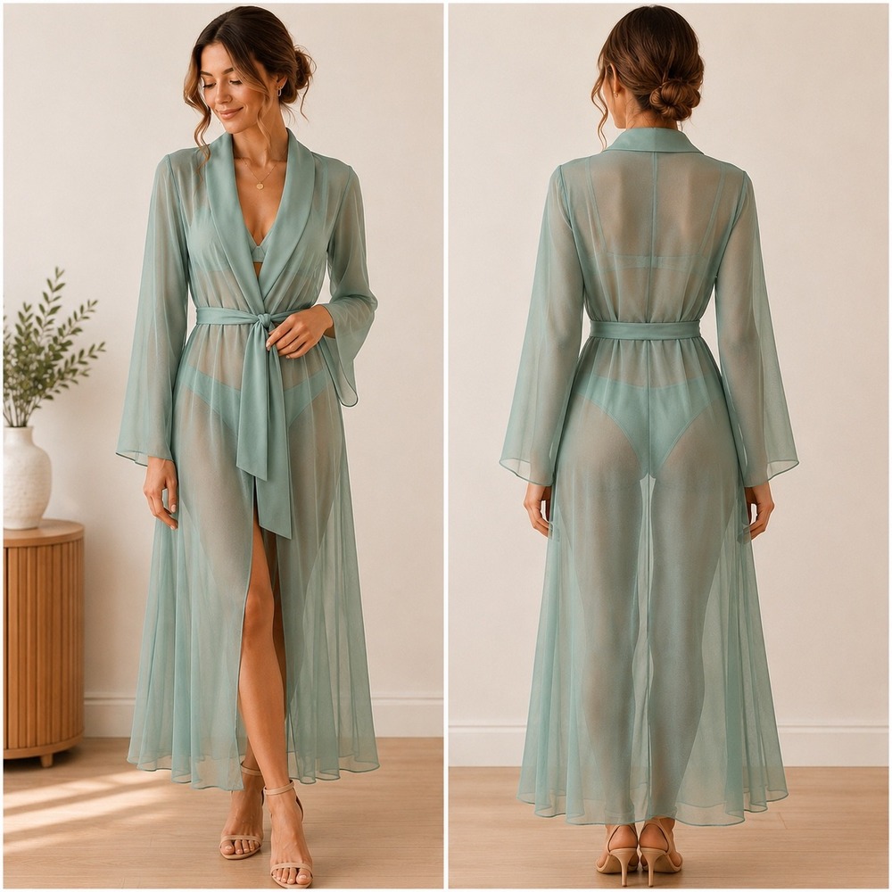 House of Harlow 1960 x REVOLVE Sheer Maxi Robe Sage Green Chiffon Cover Up Large